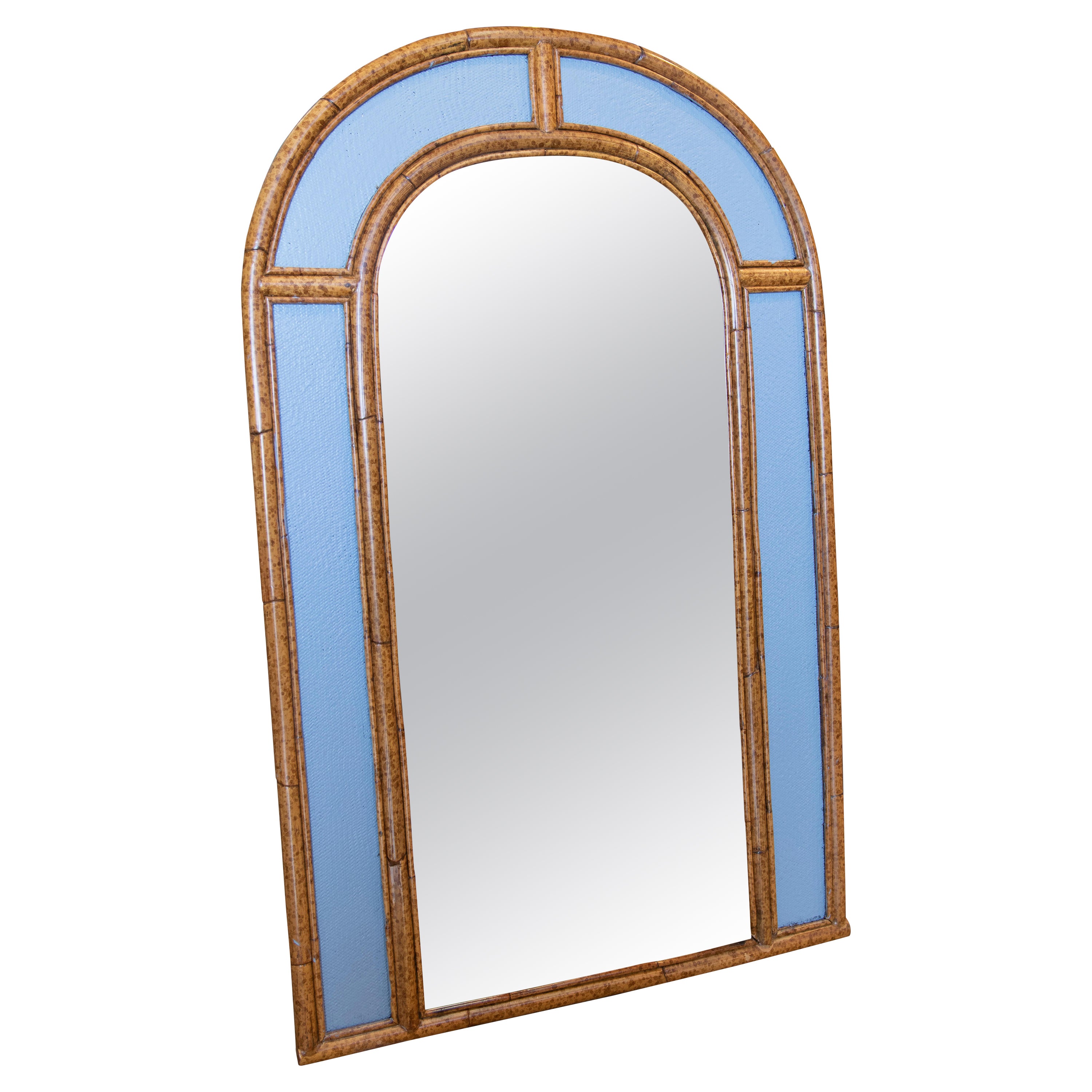 1980s Spanish Arched Bamboo & Cane Wall Mirror w/ Indigo Panels For Sale