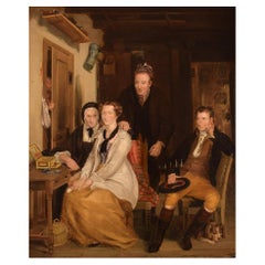 British genre painter, Oil on board, Living room interior with people, 19th C