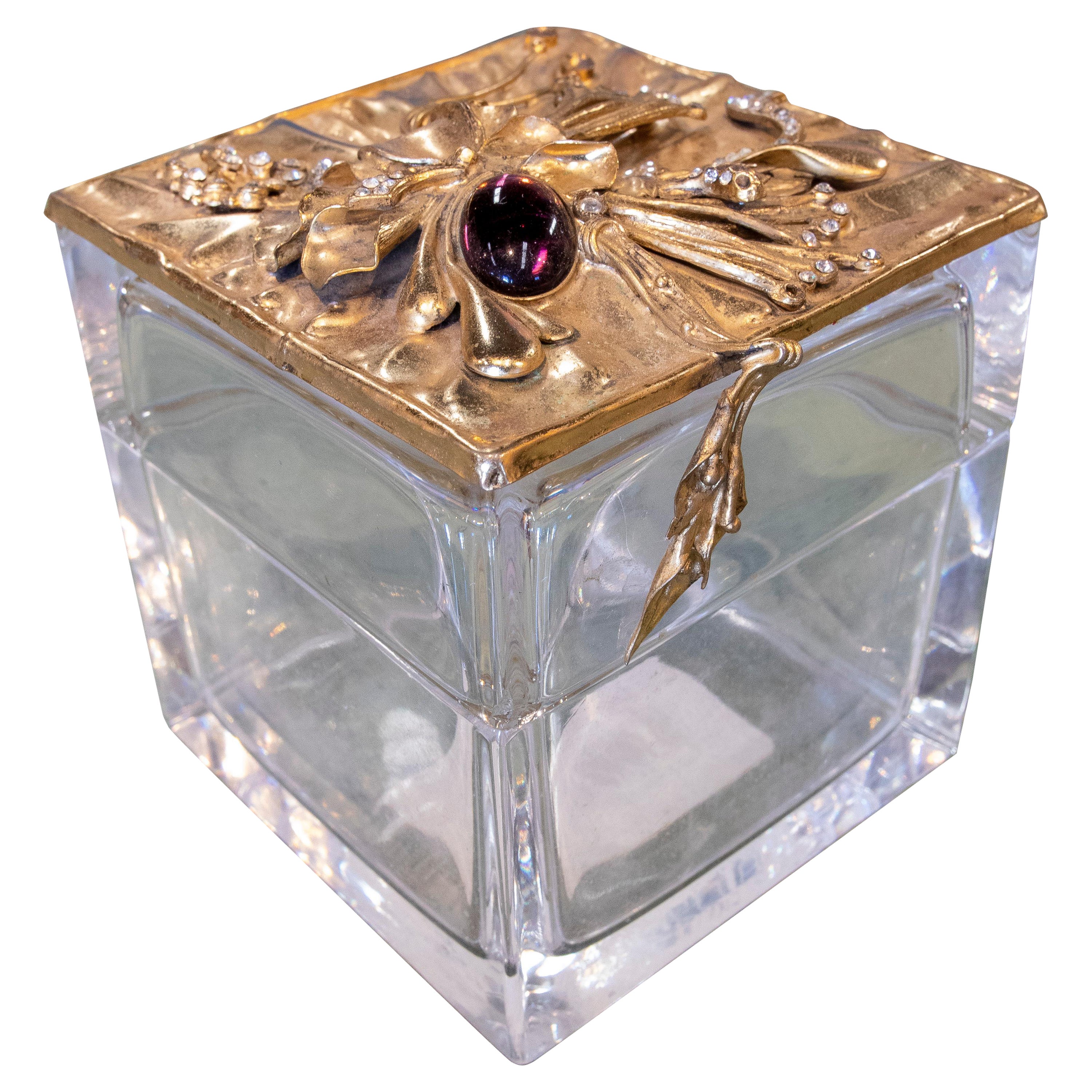 1990s Spanish Glass Box w/ Semiprecious Gemstone Studded Flower Metal Top For Sale