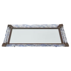 Venetian Murano Mirror Tray with Twisted Blue Glass Rods Brass Hardware