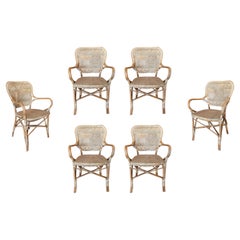 Set of Six Spanish Woven Cane & Bamboo Armchairs