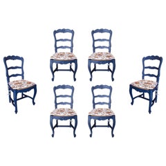 Set of Six 1970s Spanish Wooden Bulrush Chairs w/ Schumacher Upholstered Cushion
