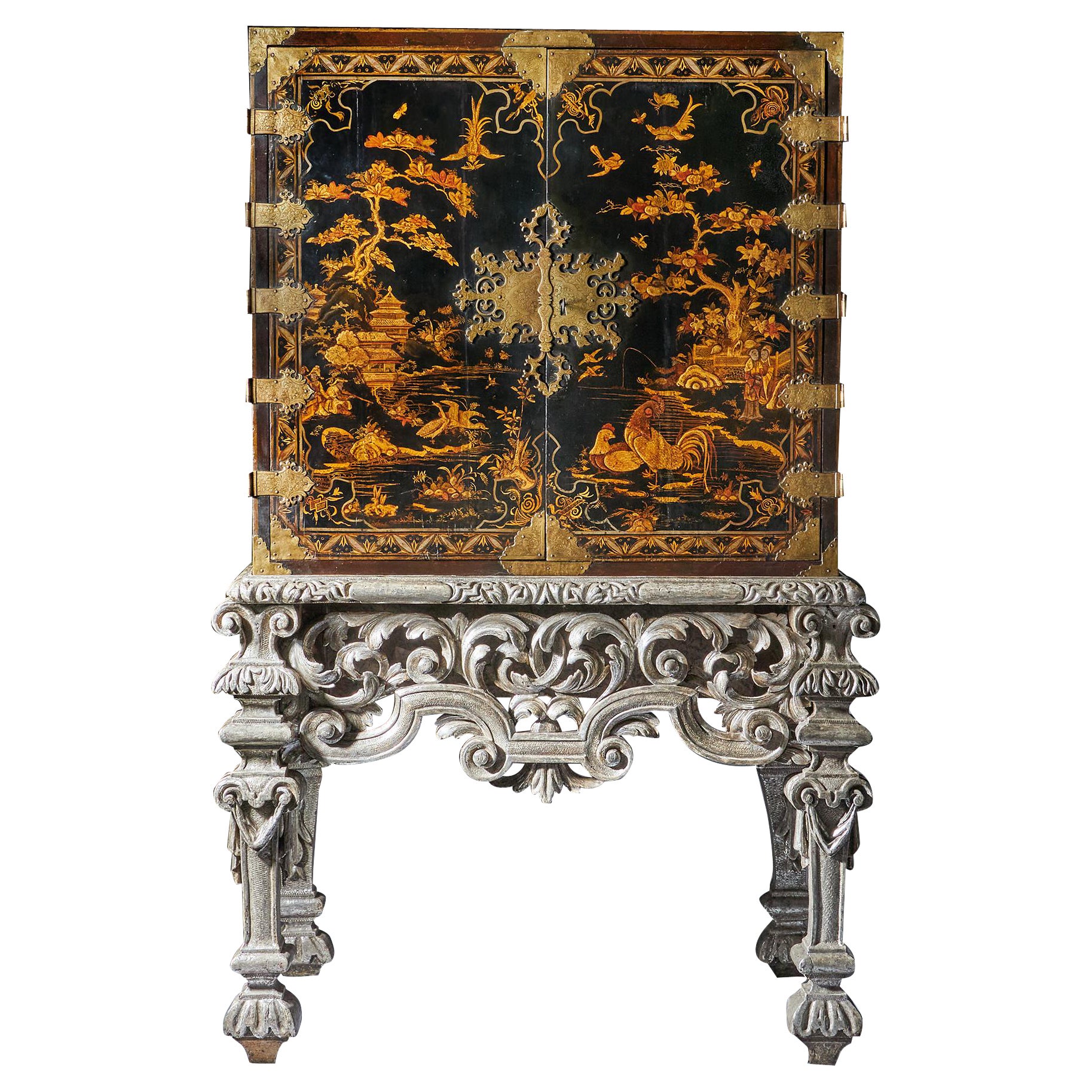 17th Century William and Mary Japanned Cabinet on Original Silver Gilt Stand