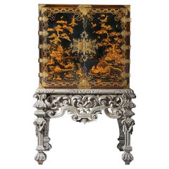 17th Century William and Mary Japanned Cabinet on Original Silver Gilt Stand