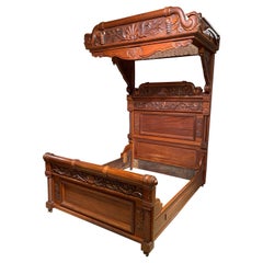 Grand, Victorian Highly Carved Walnut Queen Size Bed with Canopy