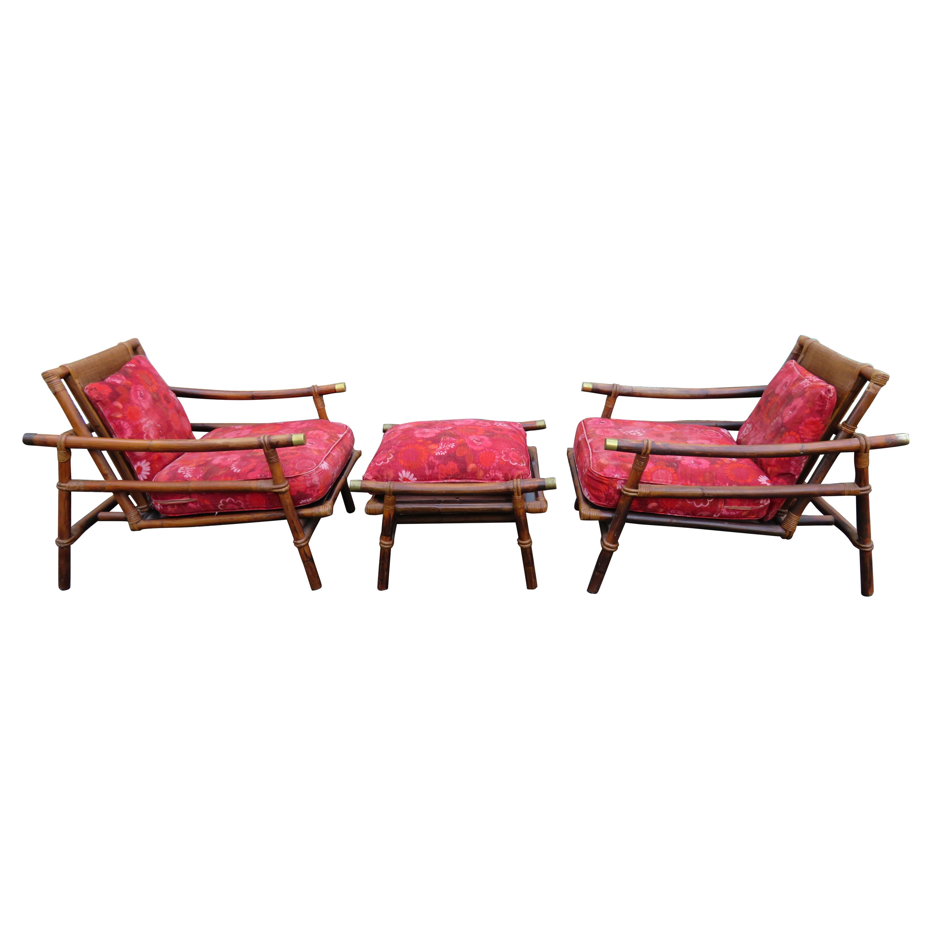 Pair of Ficks Reed Rattan Lounge Club Chair Ottoman, John Wisner Campaign Style