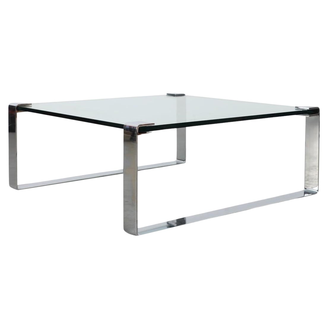 Peter Draenert Model 1022 Thick Glass Coffee Table with Square Chrome Base For Sale