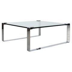 Retro Peter Draenert Model 1022 Thick Glass Coffee Table with Square Chrome Base