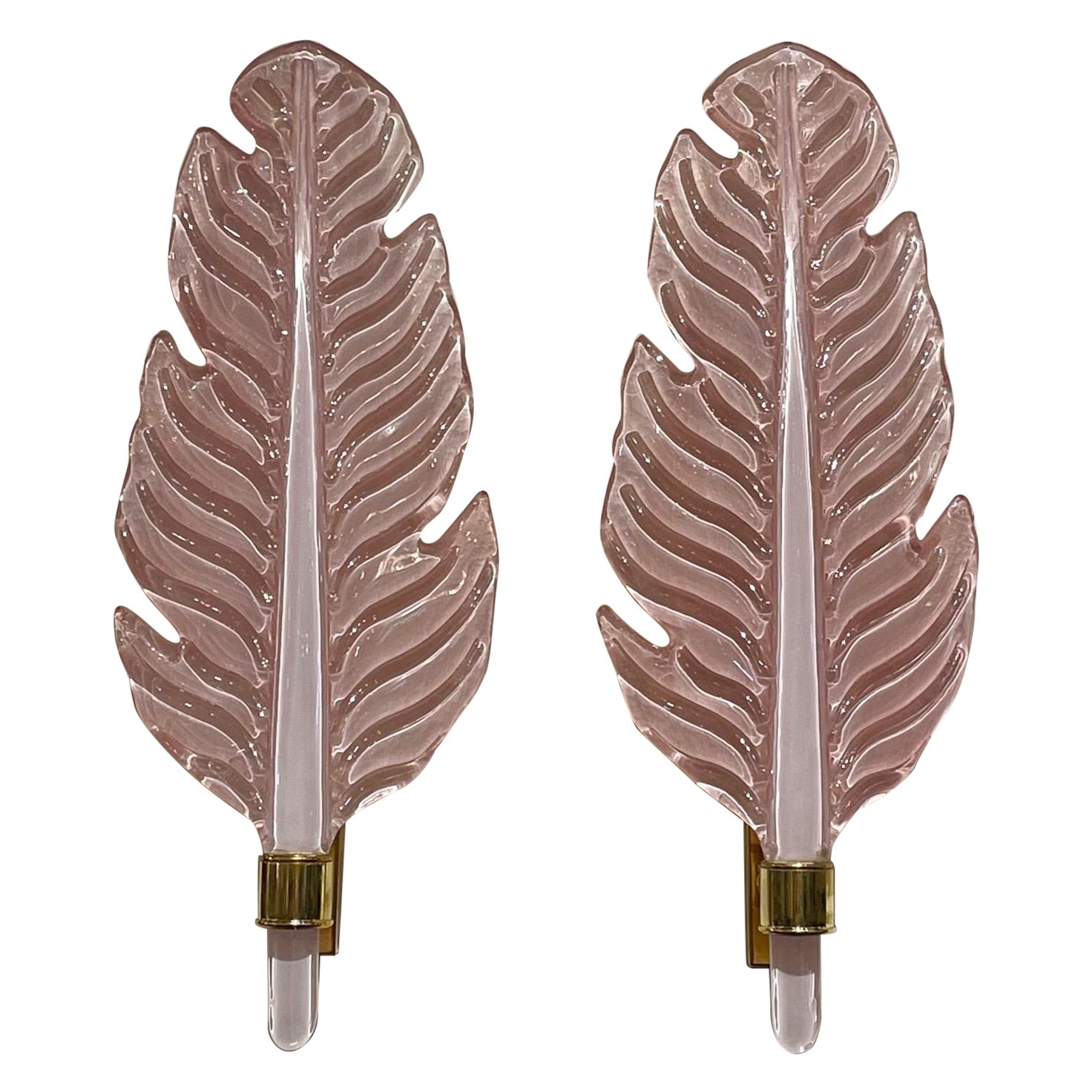 Pair of Pink Murano Glass and Brass Leaf Form Wall Sconces For Sale