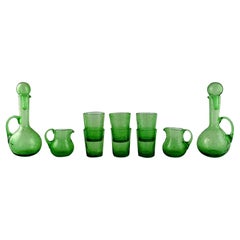 Biot, France, Two Decanters, Six Glasses and Two Small Jugs in Green Art Glass