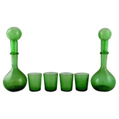 Vintage Biot, France, Two Wine Decanters and Four Glasses in Green Mouth-Blown Art Glass