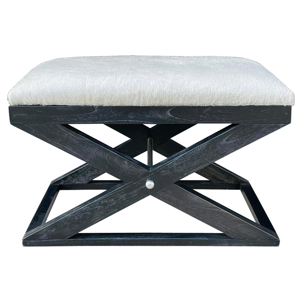 X Frame Bench With Cowhide Upholstery and Stainless Steel Accents For