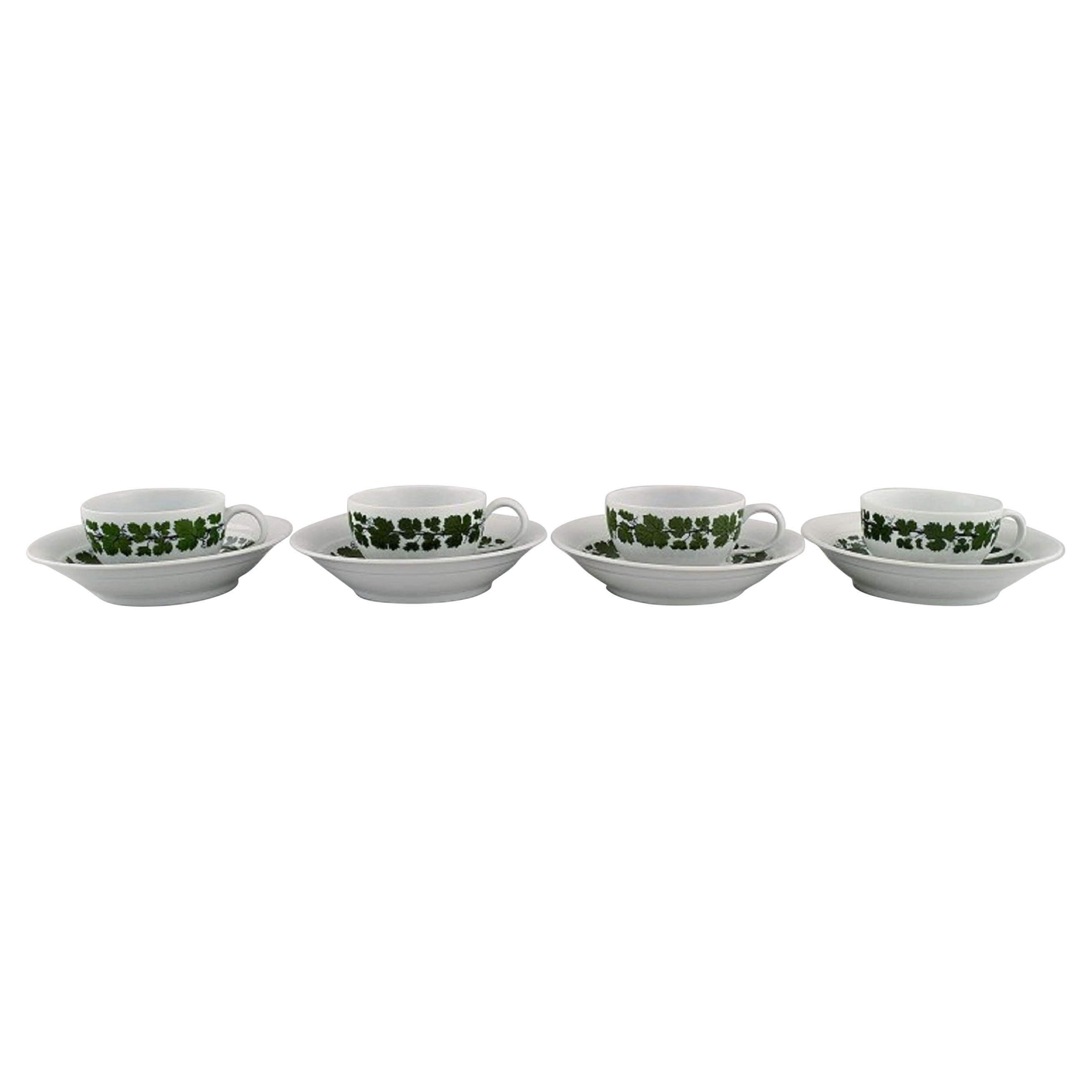 Four Meissen Green Ivy Vine Leaf Teacups with Saucers in Hand-Painted Porcelain