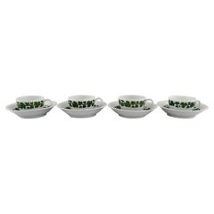 Four Meissen Green Ivy Vine Leaf Teacups with Saucers in Hand-Painted Porcelain
