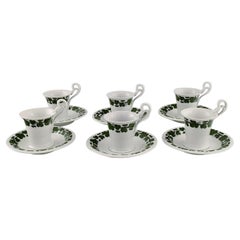 Six Meissen Green Ivy Vine Leaf Coffee Cups with Saucers in Porcelain