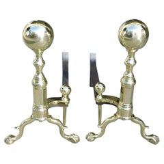 Pair of American Brass Ball Finial Andirons with Ball and Claw Feet, Circa 1840