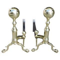 Antique Pair of American Brass Ball Finial Andirons with Ball and Claw Feet, Circa 1840