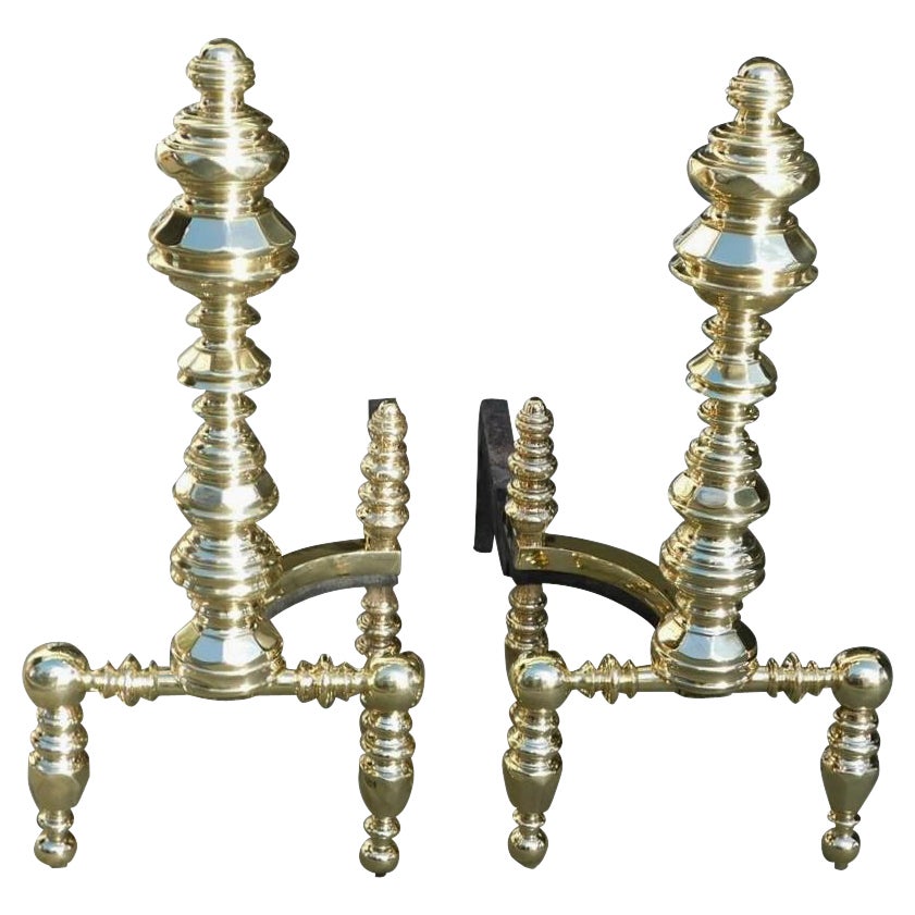 Pair of American Brass Urn Faceted Finial Andirons with Log Stops, NY C. 1820 For Sale