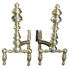 Pair of American Brass Urn Faceted Finial Andirons with Log Stops, NY C. 1820