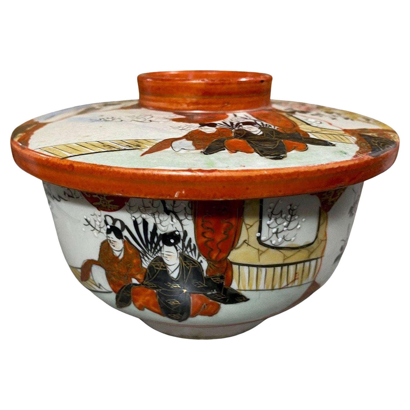 8 Piece Japanese Kutani Hand Painted Chawan Tea Bowl & Cover Set in Original Box