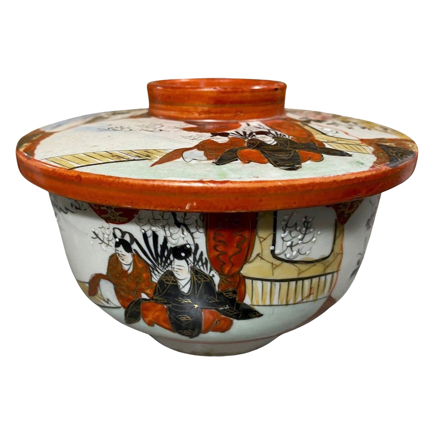 8 Piece Japanese Kutani Hand Painted Chawan Tea Bowl & Cover Set in Original Box For Sale