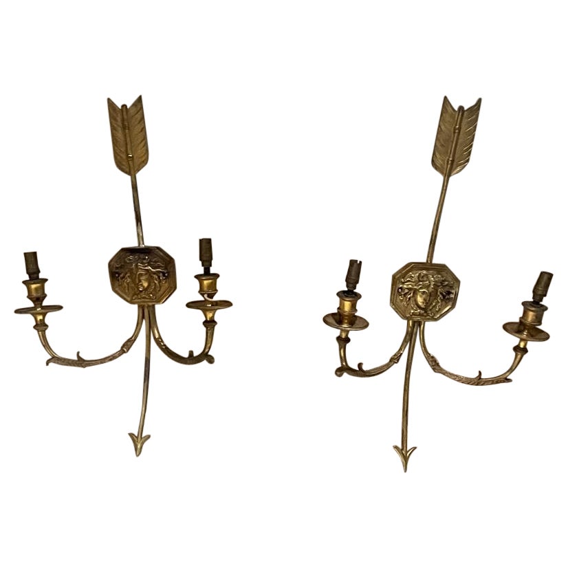 Elegant Pair French Bronze Medusa Figural Two Arm Wall Sconces Late 1800s Europe For Sale