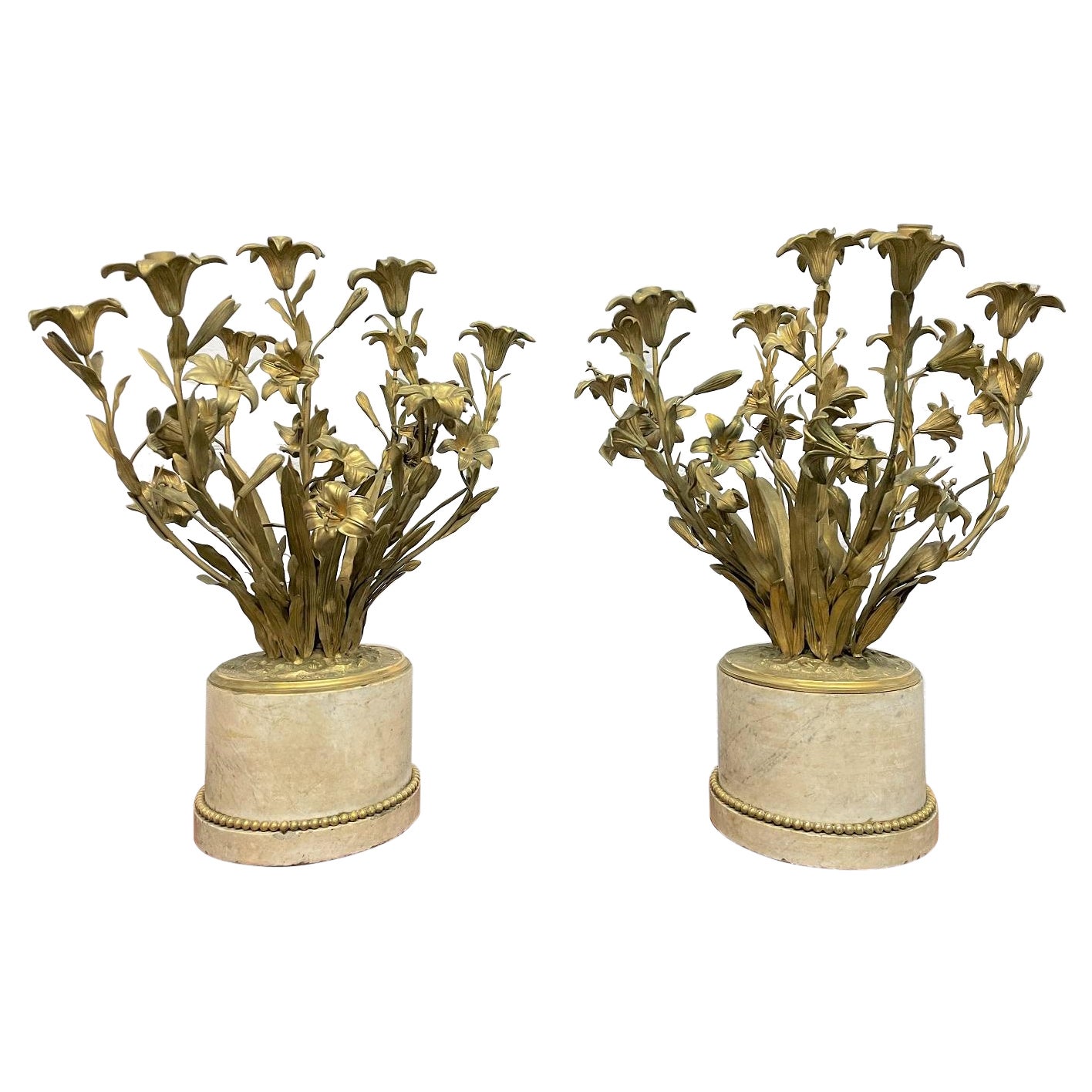 Pair 19th Century French D'ore Bronze and Marble Candelabras For Sale