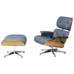 Charles & Ray Eames Smoke Blue Leather 670/671 Lounge Chair und Ottoman