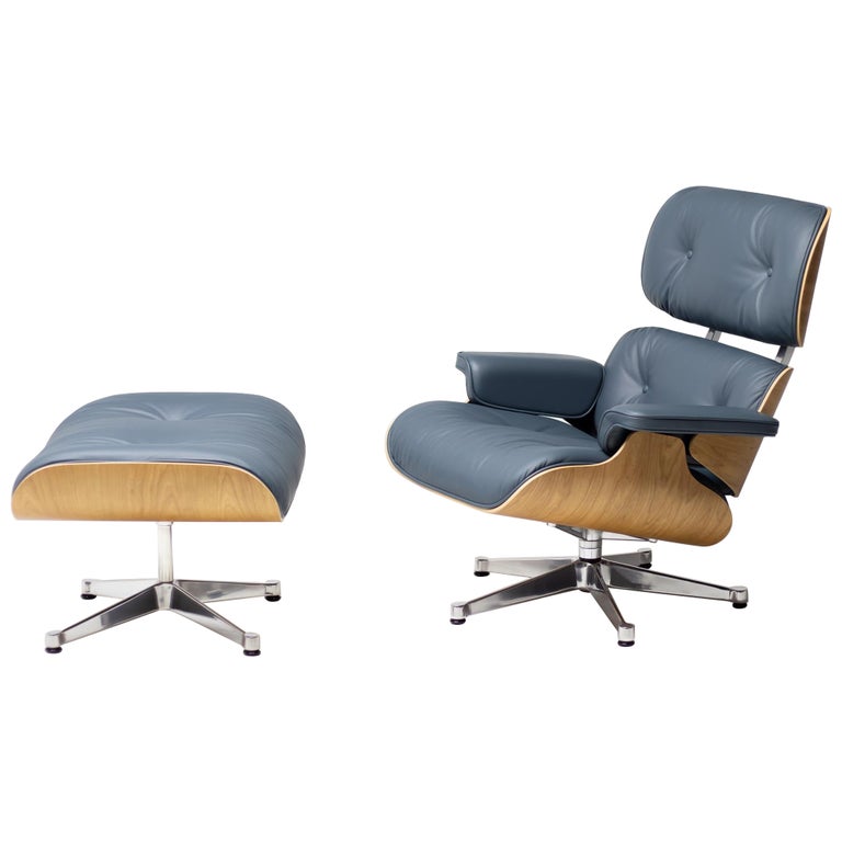 Charles & Ray Eames Smoke Blue Leather 670/671 Lounge Chair and Ottoman