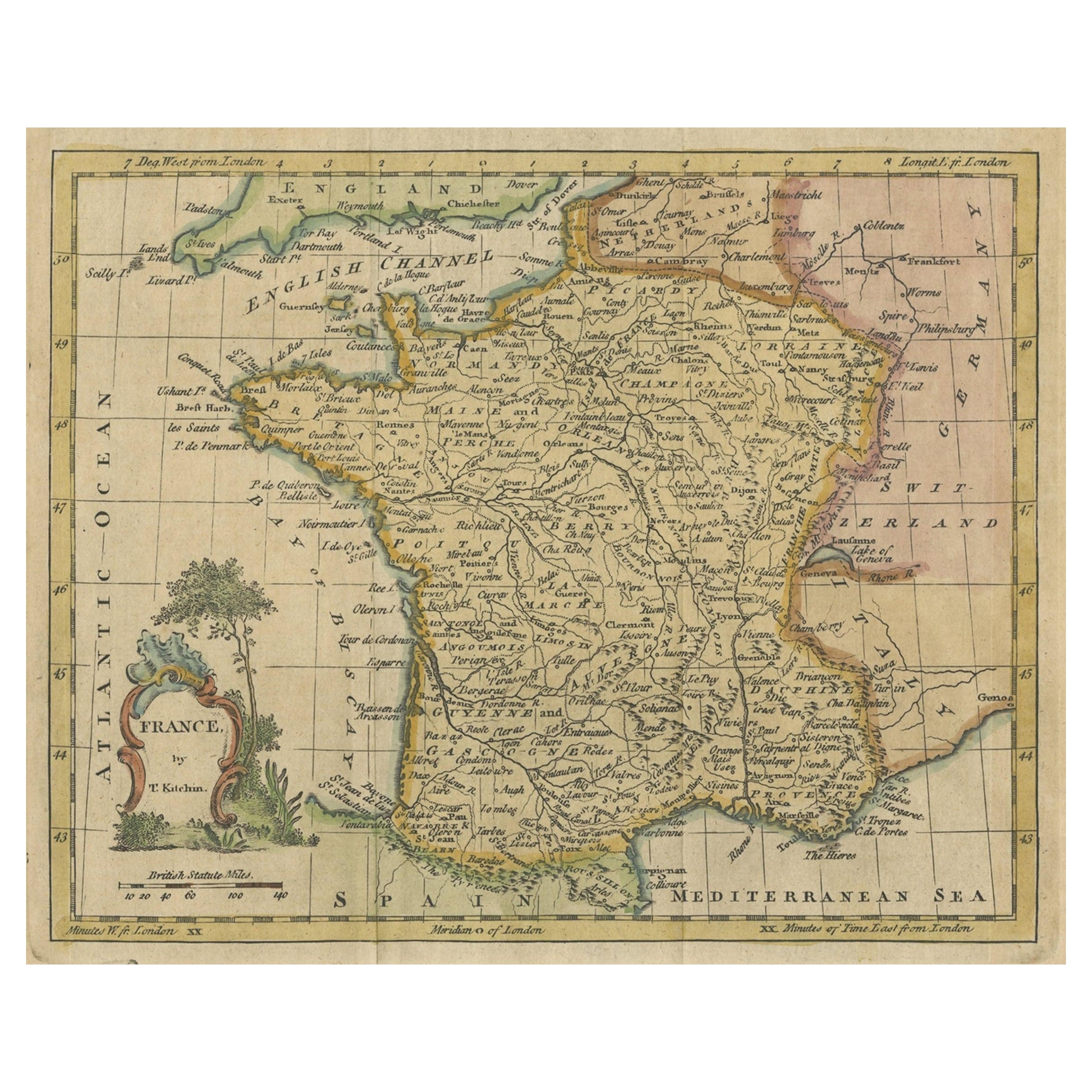 Antique Map of France by Kitchin, c.1770 For Sale