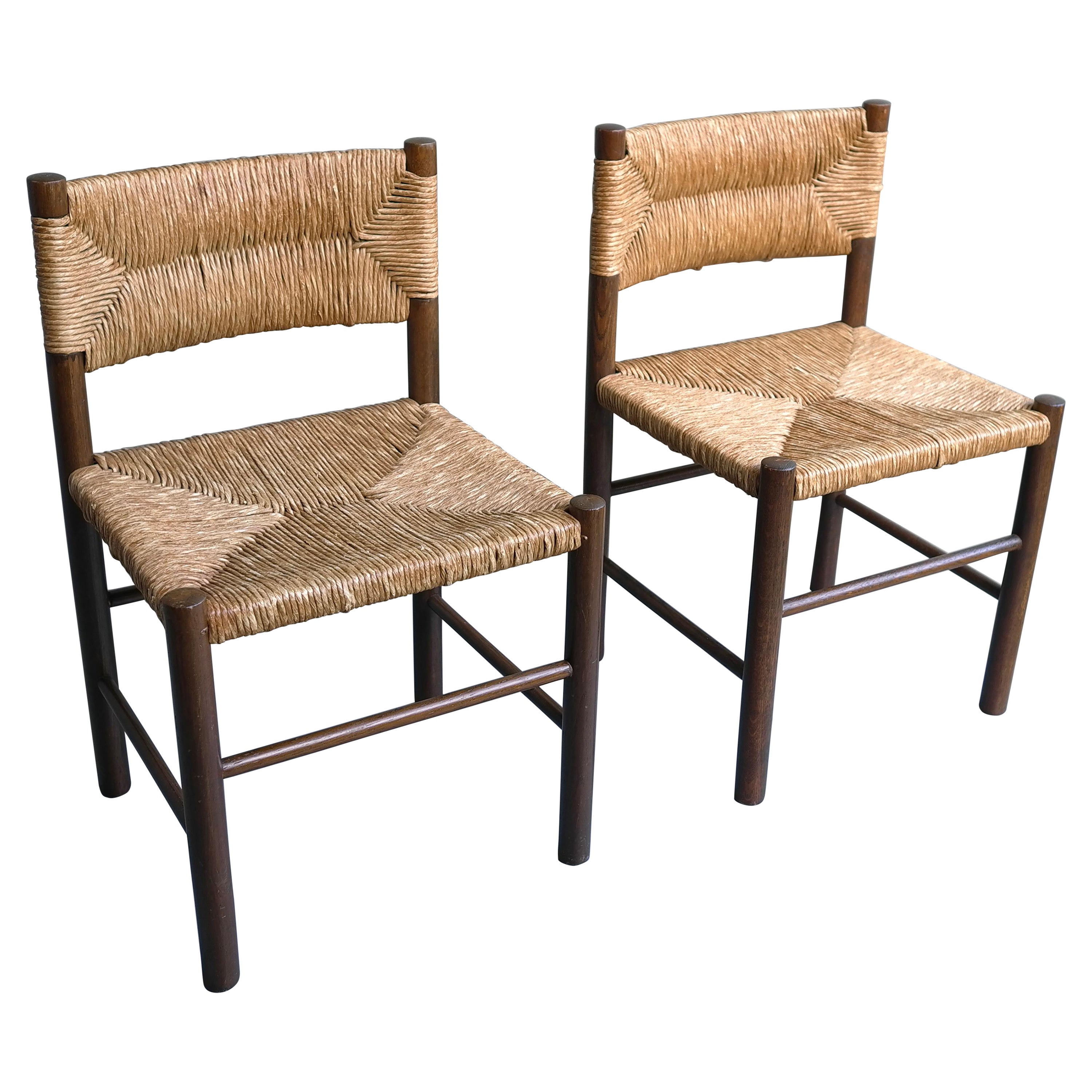 Pair of Charlotte Perriand 'Dordogne' Chairs in Wood and Rush, France, 1960's