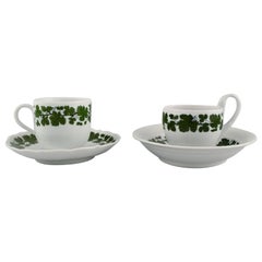 Two Meissen Green Ivy Vine Leaf Coffee Cups with Saucers in Porcelain