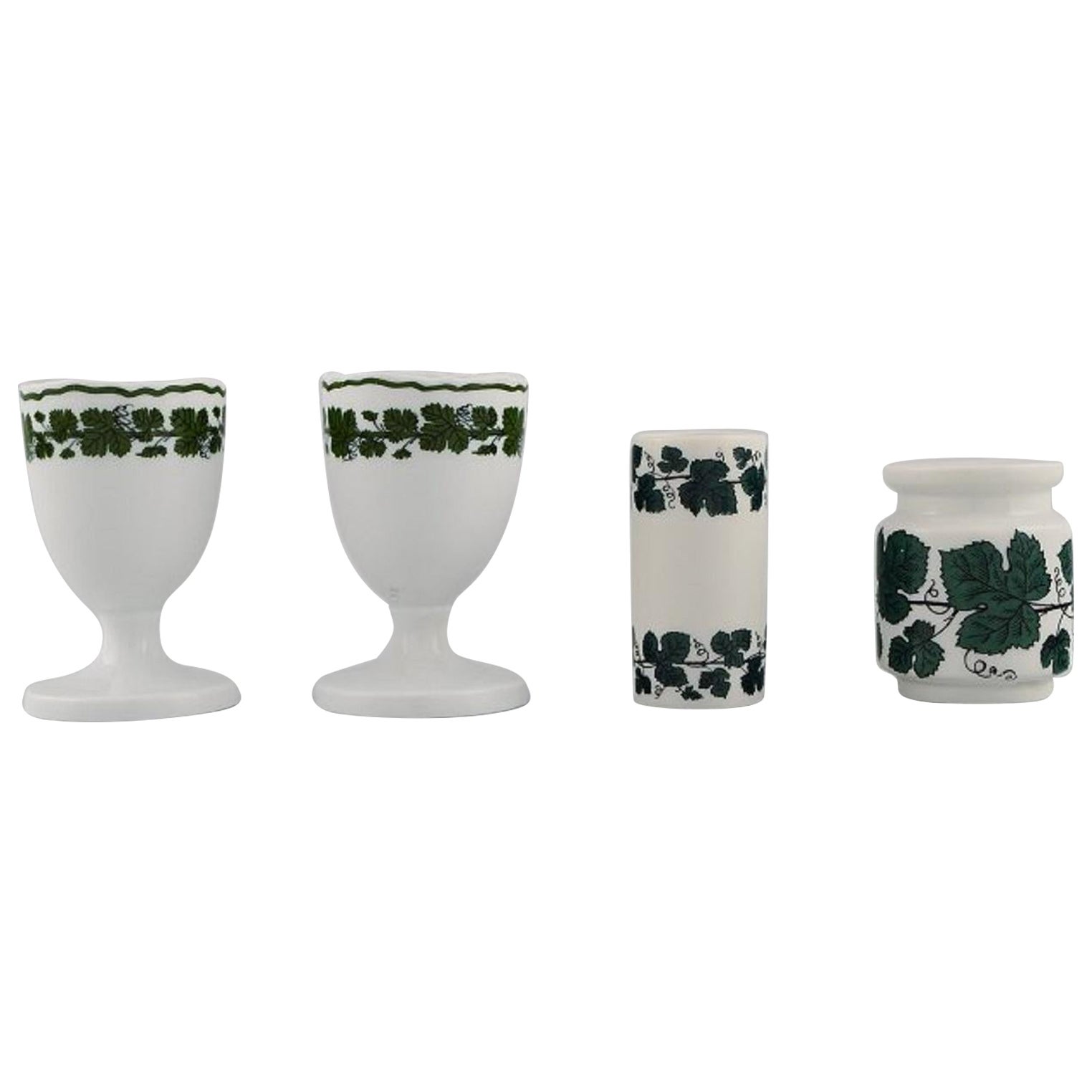 Two Meissen Green Ivy Vine Leaf Egg Cups and Two German Toothpick Holders For Sale