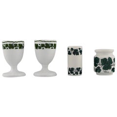 Used Two Meissen Green Ivy Vine Leaf Egg Cups and Two German Toothpick Holders