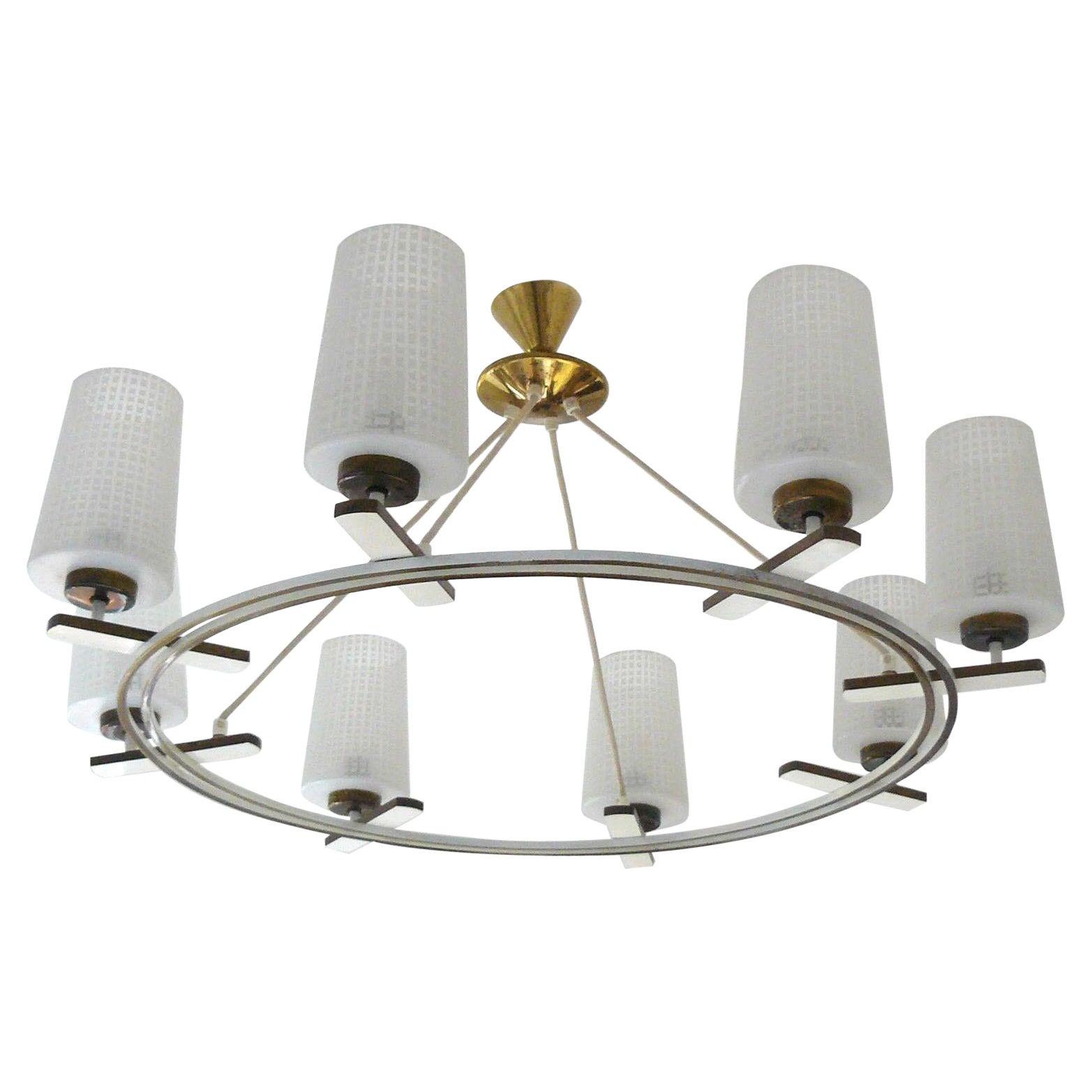 Large chandelier with clean lines has a brass circular frame that is partly painted cream, Austria 1950's. It holds 8 textures opalescent frosted shades, etched with a square pattern. The cylinder glass shades radiate from the brass and cream metal