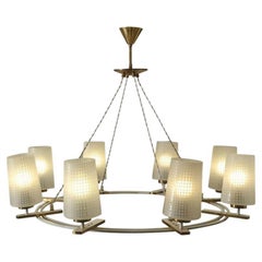 Large 1950s Austrian Chandelier with Eight Shades on Brass and Cream Frame