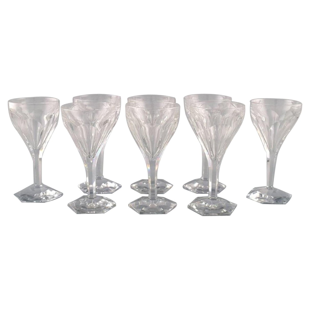 Val St. Lambert, Belgium, Eight Legagneux White Wine Glasses in Crystal Glass
