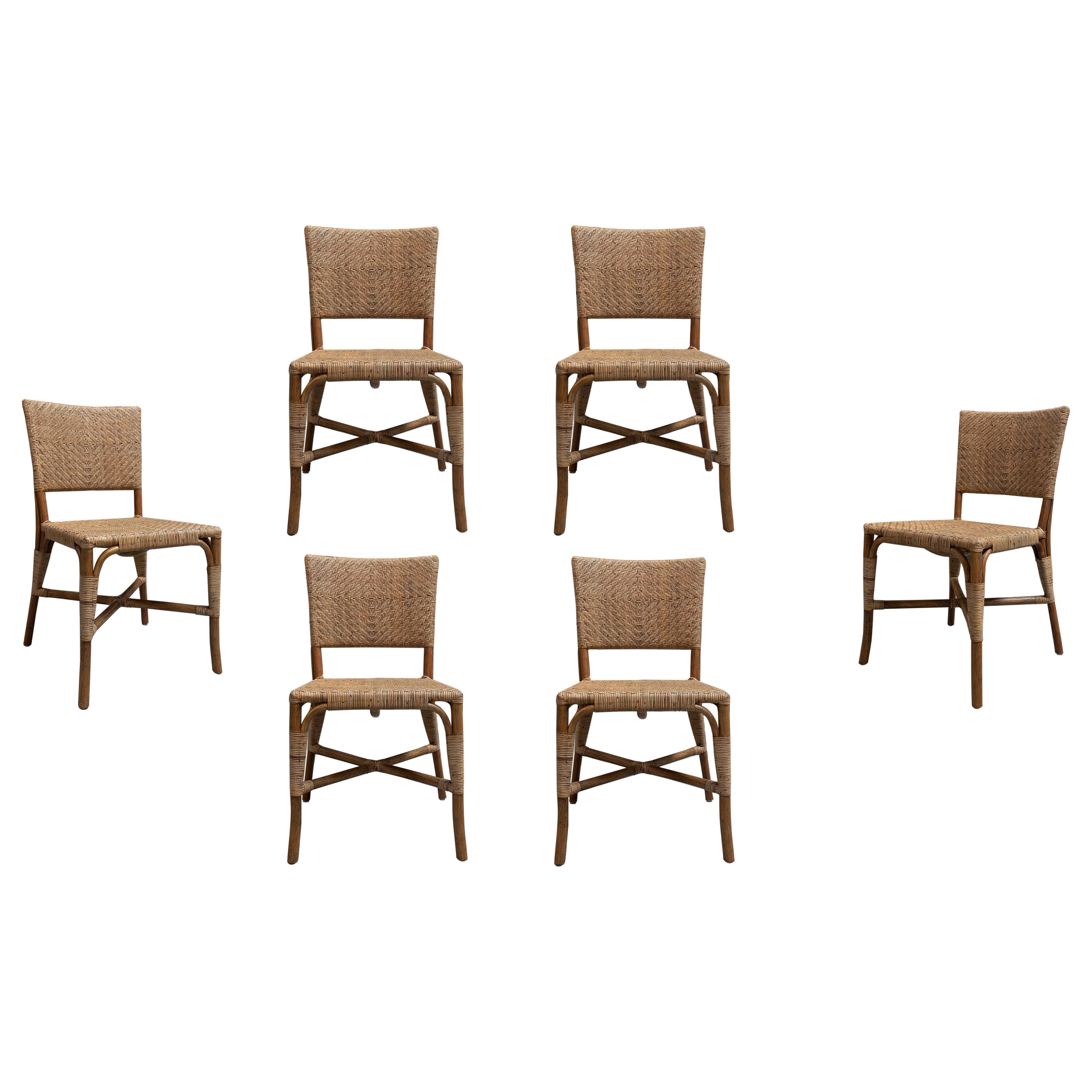 Set of 6 Spanish Modern Bamboo & Hand Woven Wicker Chairs For Sale