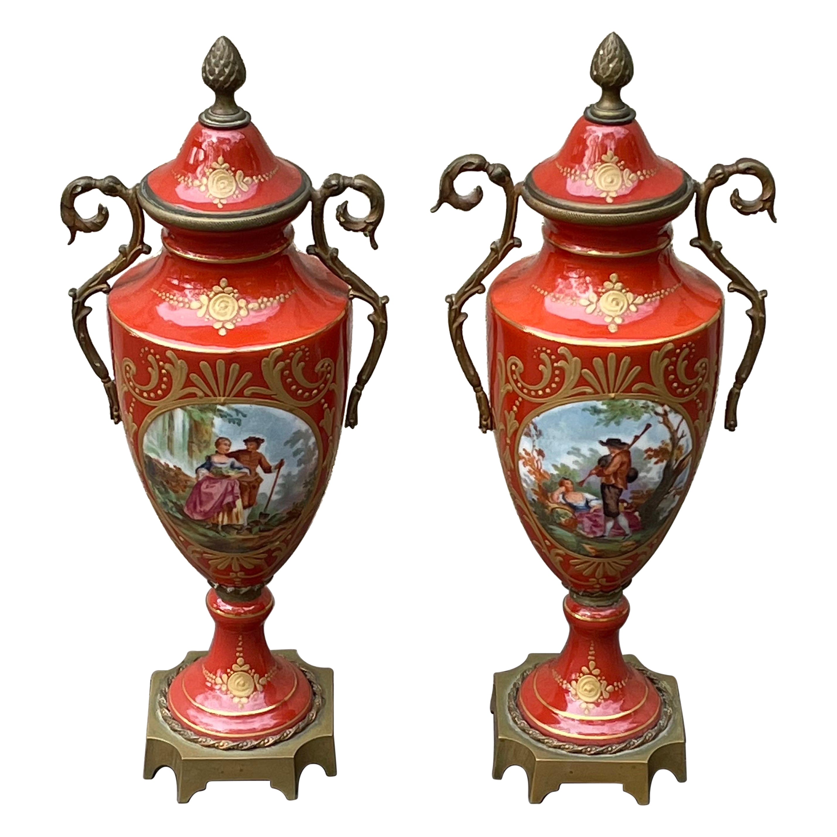Pair of 19th Century French Ceramic Urns with Cast Bronze Accents For Sale
