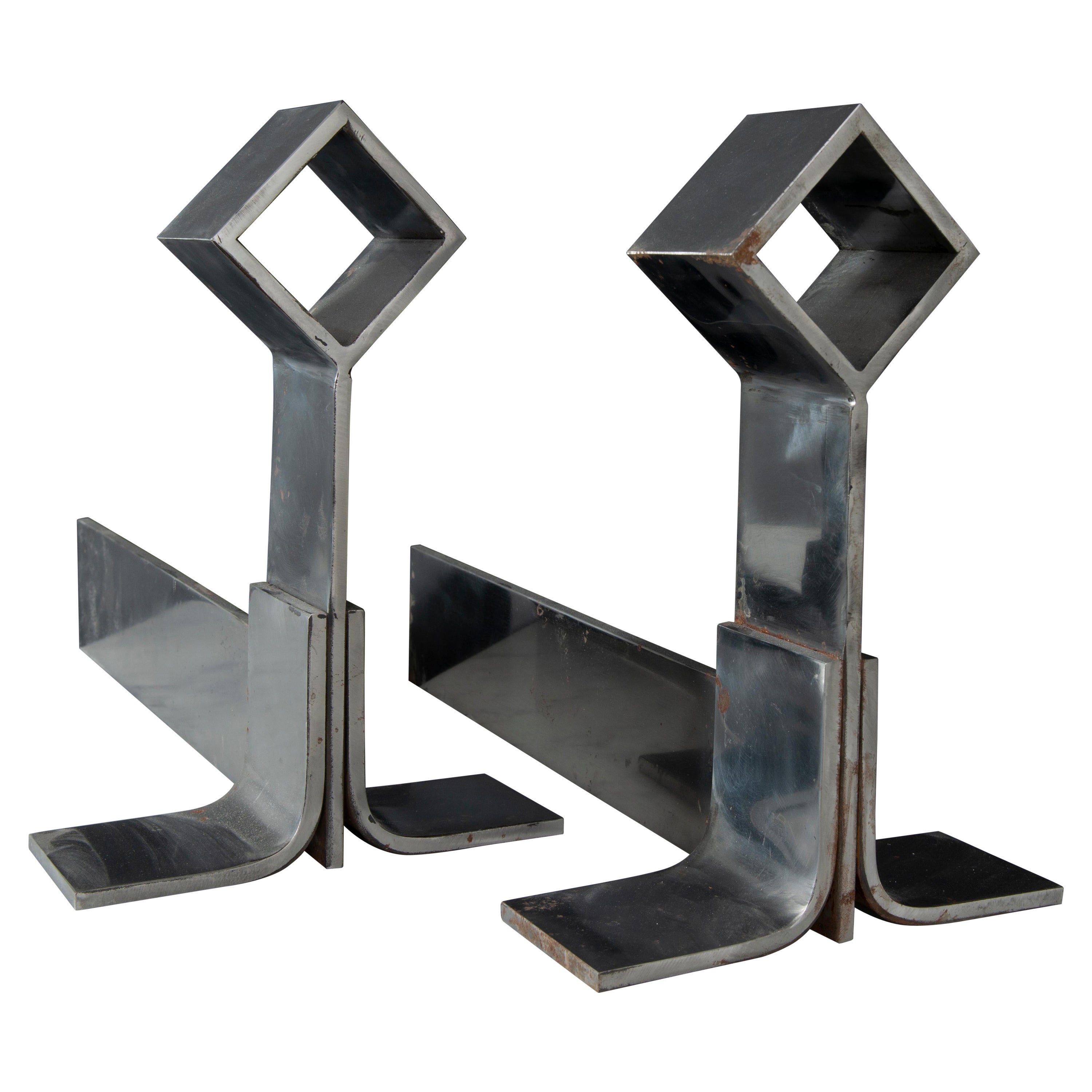 Stylish Pair of Midcentury Brushed Steel Andirons or Firedogs