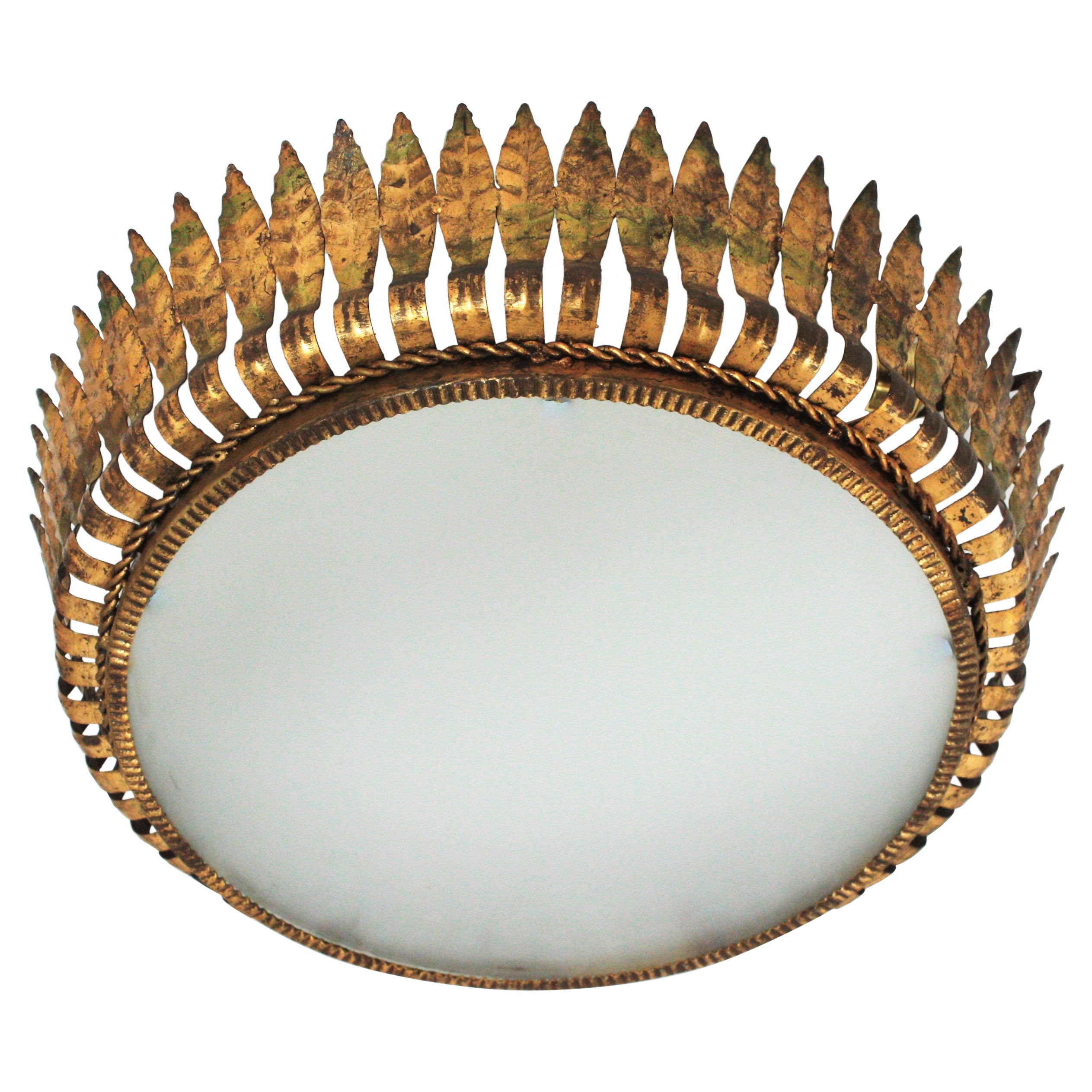 Large Spanish Crown Sunburst Leafed Light Fixture in Gilt Metal & Frosted Glass