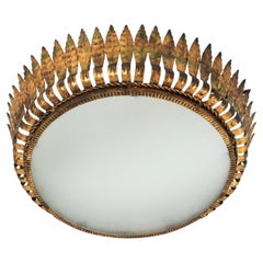 Retro Large Spanish Crown Sunburst Leafed Light Fixture in Gilt Metal & Frosted Glass