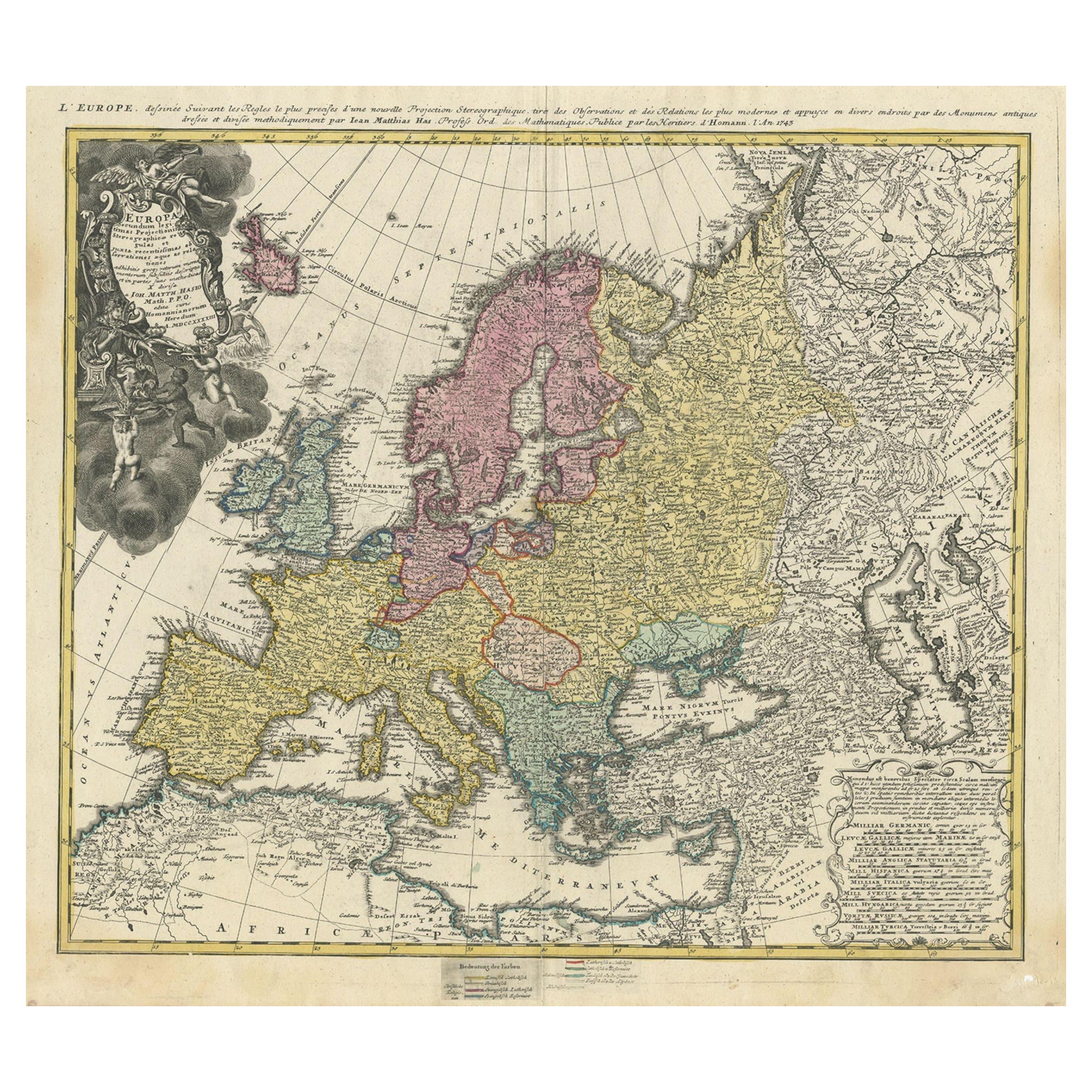 Antique Map of Europe with Elaborate Title Cartouche, c.1750 For Sale