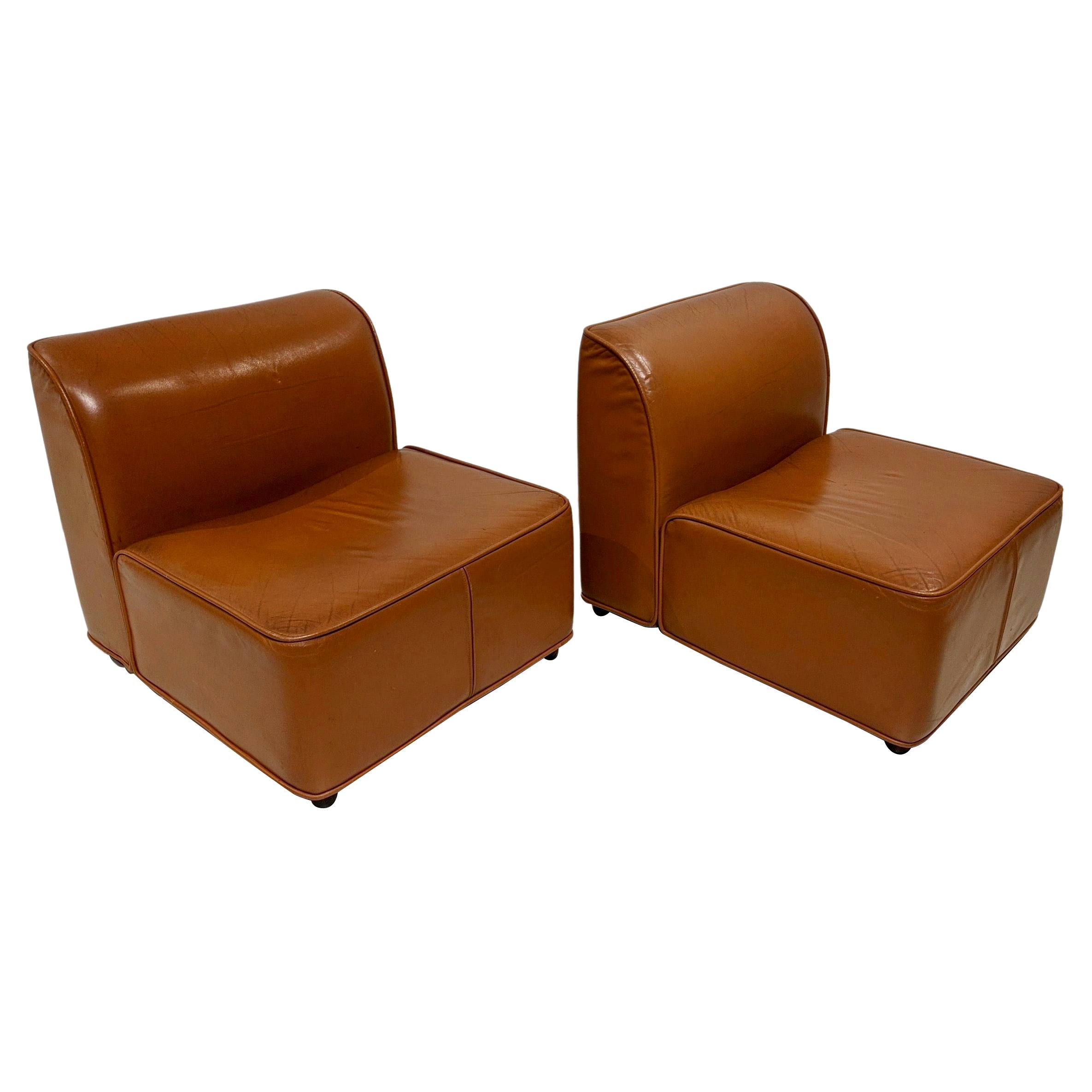 Pair of Leather Armchairs in Camel Colour For Sale