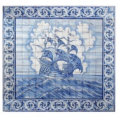 Age of Discovery Ship Hand Painted Tile Mural, Portuguese Ceramic Tiles Azulejos