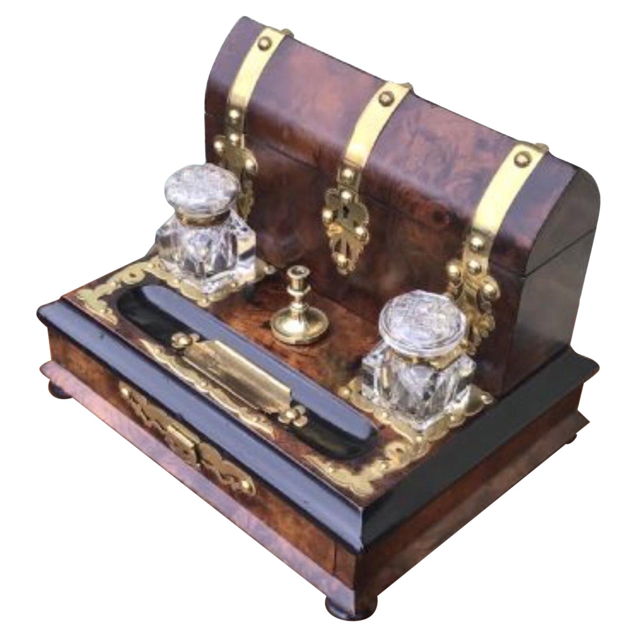 Superb Brass Bound Burr Walnut Antique Letter Writing Box