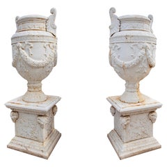 Pair of 1990s French Monumental Cast Iron Garden Planter Urns w/ Plinth Bases