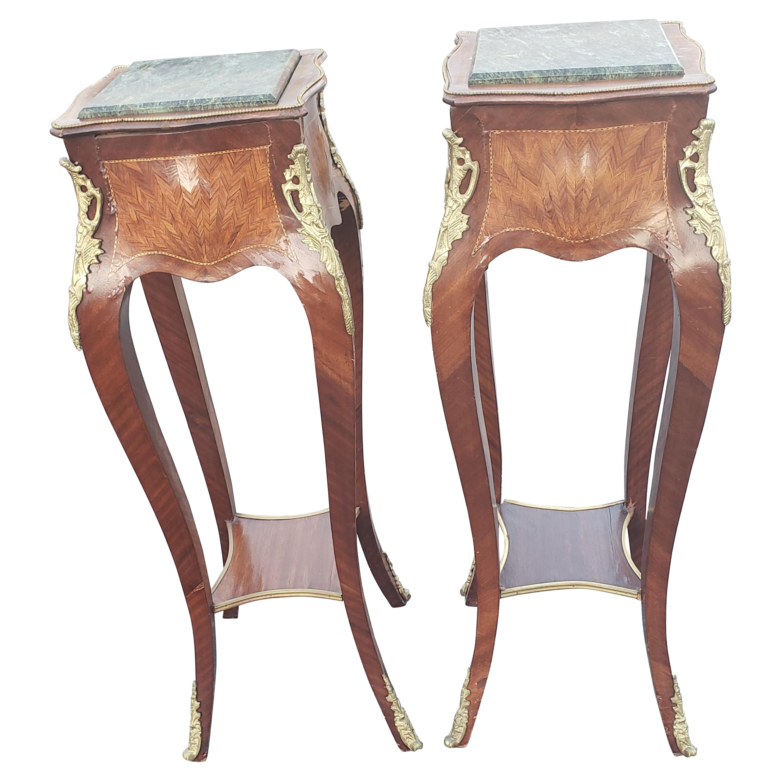 1940s French Louis XV Tall Marquetry and Bronze Ormolu Table Stands, a Pair
