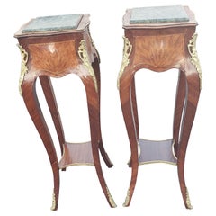1940s French Louis XV Tall Marquetry and Bronze Ormolu Table Stands, a Pair