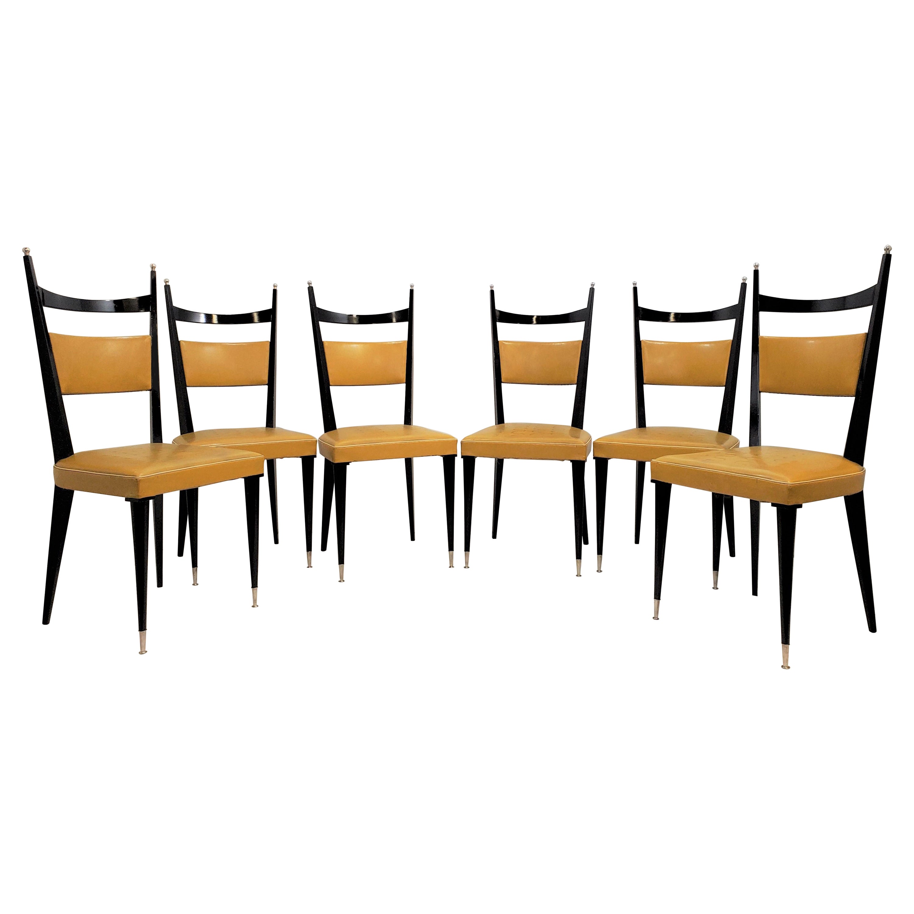 Set of Six Mid-Century Modern Chairs in Ebonized Wood with Nickel Balls & Sabots